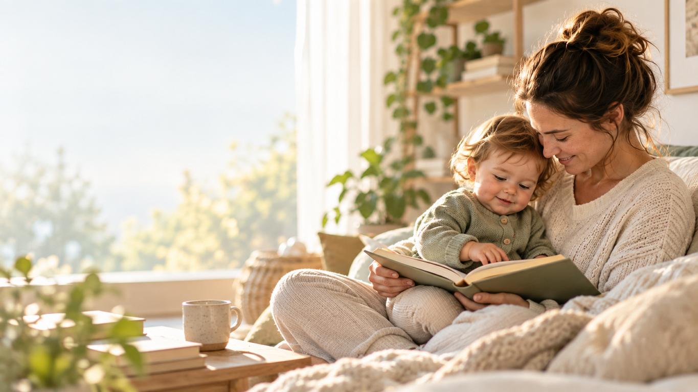 Mutter und Kleinkind lesen gemeinsam ein Buch in warmer Wohnatmosphäre