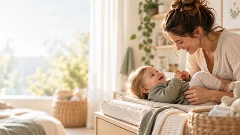 Mutter mit Kleinkind in einer entspannten morgendlichen Alltagssituation