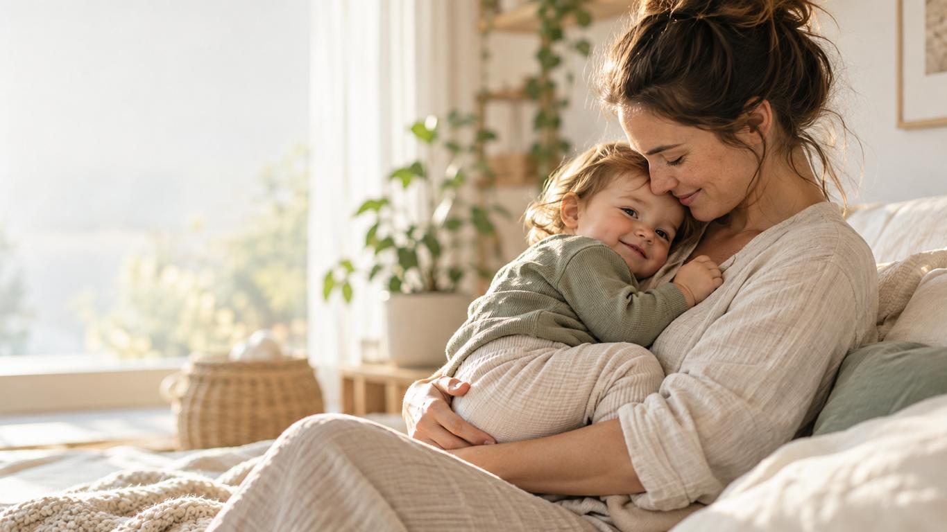 Mutter mit Kleinkind in einer ruhigen, geborgenen Alltagssituation