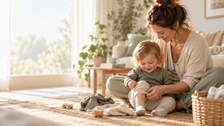 Mutter und Kleinkind in einer entspannten Alltagssituation zu Hause