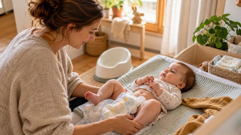 Baby beim Wickeln nach einem Abhalteversuch, kleines Töpfchen im Hintergrund