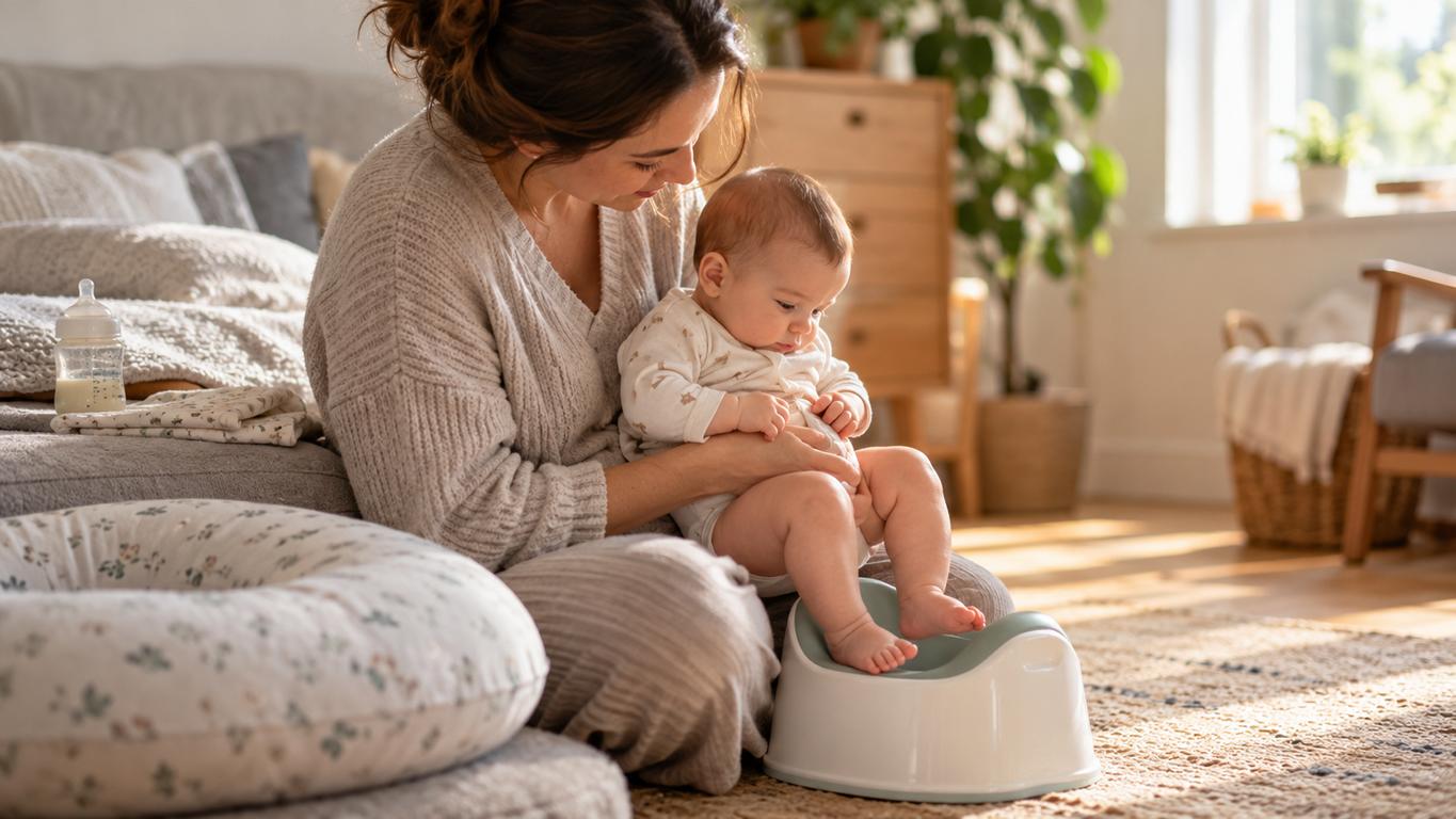 Mutter hält ihr Baby nach dem Füttern über einem kleinen Töpfchen, Fläschchen und Stillkissen in der Nähe
