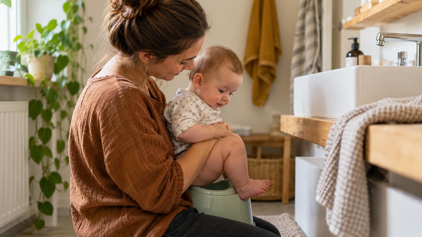 Mutter hält ihr Baby in ruhiger Abhalteposition über einem kleinen Töpfchen